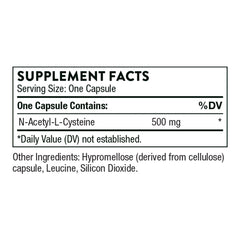 THORNE supplement facts label showing N Acetyl L Cysteine 500 mg per capsule with other ingredients NAC supplement 500mg THORNE supplement facts label showing N Acetyl L Cysteine 500 mg per capsule with other ingredients NAC supplement 500mg