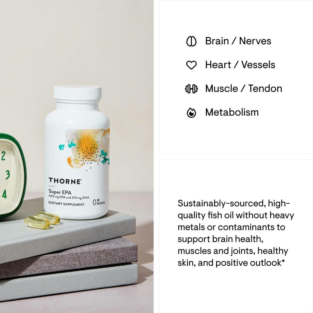 THORNE Super EPA bottle and softgels on stacked books with benefit icons and description omega 3 supplement for brain heart muscle THORNE Super EPA bottle and softgels on stacked books with benefit icons and description omega 3 supplement for brain heart muscle