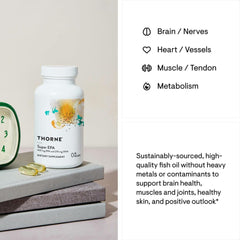 THORNE Super EPA bottle and softgels on stacked books with benefit icons and description omega 3 supplement for brain heart muscle THORNE Super EPA bottle and softgels on stacked books with benefit icons and description omega 3 supplement for brain heart muscle
