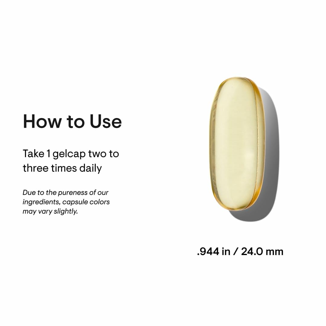 THORNE omega 3 supplement gold softgel capsule with size measurement and how to use instructions THORNE omega 3 supplement gold softgel capsule with size measurement and how to use instructions