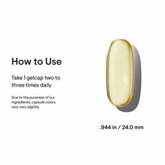 THORNE omega 3 supplement gold softgel capsule with size measurement and how to use instructions THORNE omega 3 supplement gold softgel capsule with size measurement and how to use instructions