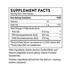 THORNE supplement facts label showing omega 3 supplement one gelcap 813 mg fish oil 425 mg EPA 270 mg DHA THORNE supplement facts label showing omega 3 supplement one gelcap 813 mg fish oil 425 mg EPA 270 mg DHA