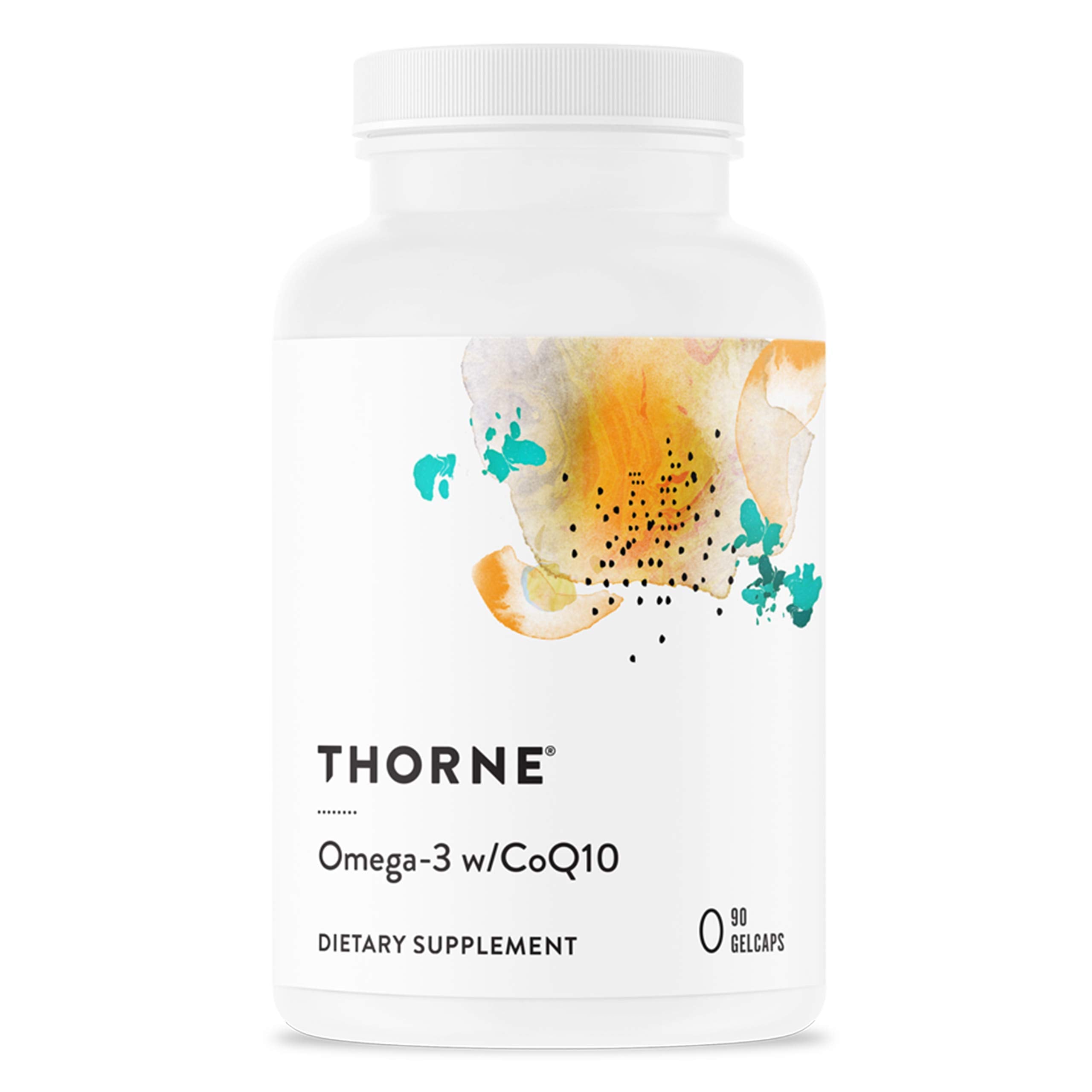 THORNE Omega-3 with CoQ10 supplement white bottle with abstract watercolor label 90 gelcaps THORNE Omega-3 with CoQ10 supplement white bottle with abstract watercolor label 90 gelcaps