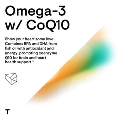 THORNE label on white background with orange green gradient swoosh and Omega-3 with CoQ10 supplement for heart support THORNE label on white background with orange green gradient swoosh and Omega-3 with CoQ10 supplement for heart support