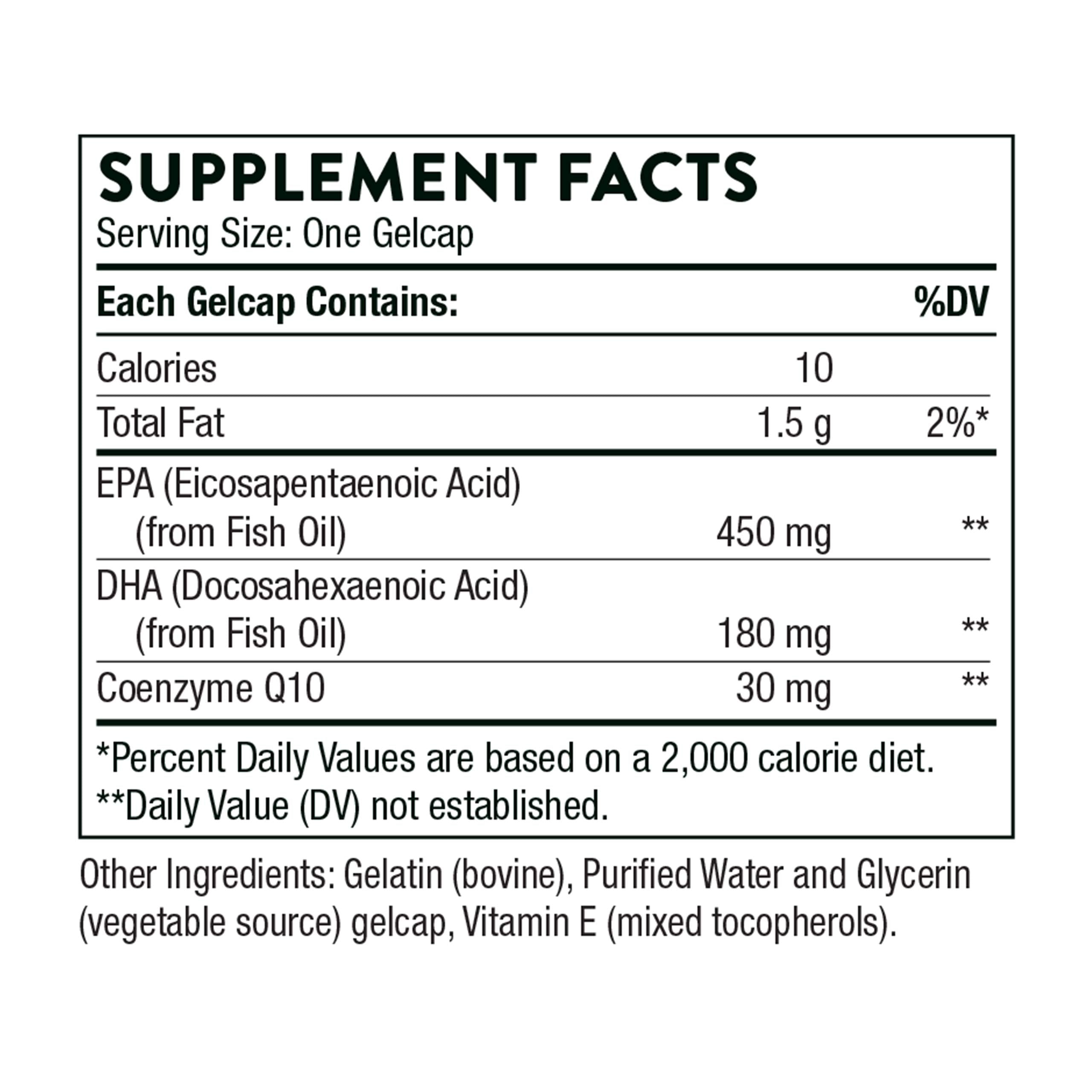 THORNE Supplement Facts label showing EPA 450 mg DHA 180 mg Coenzyme Q10 30 mg per gelcap Omega-3 with CoQ10 supplement THORNE Supplement Facts label showing EPA 450 mg DHA 180 mg Coenzyme Q10 30 mg per gelcap Omega-3 with CoQ10 supplement