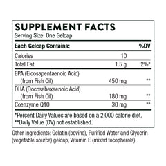 THORNE Supplement Facts label showing EPA 450 mg DHA 180 mg Coenzyme Q10 30 mg per gelcap Omega-3 with CoQ10 supplement THORNE Supplement Facts label showing EPA 450 mg DHA 180 mg Coenzyme Q10 30 mg per gelcap Omega-3 with CoQ10 supplement