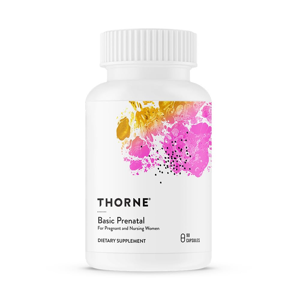THORNE Basic Prenatal dietary supplement bottle with colorful label prenatal vitamins for pregnant women THORNE Basic Prenatal dietary supplement bottle with colorful label prenatal vitamins for pregnant women