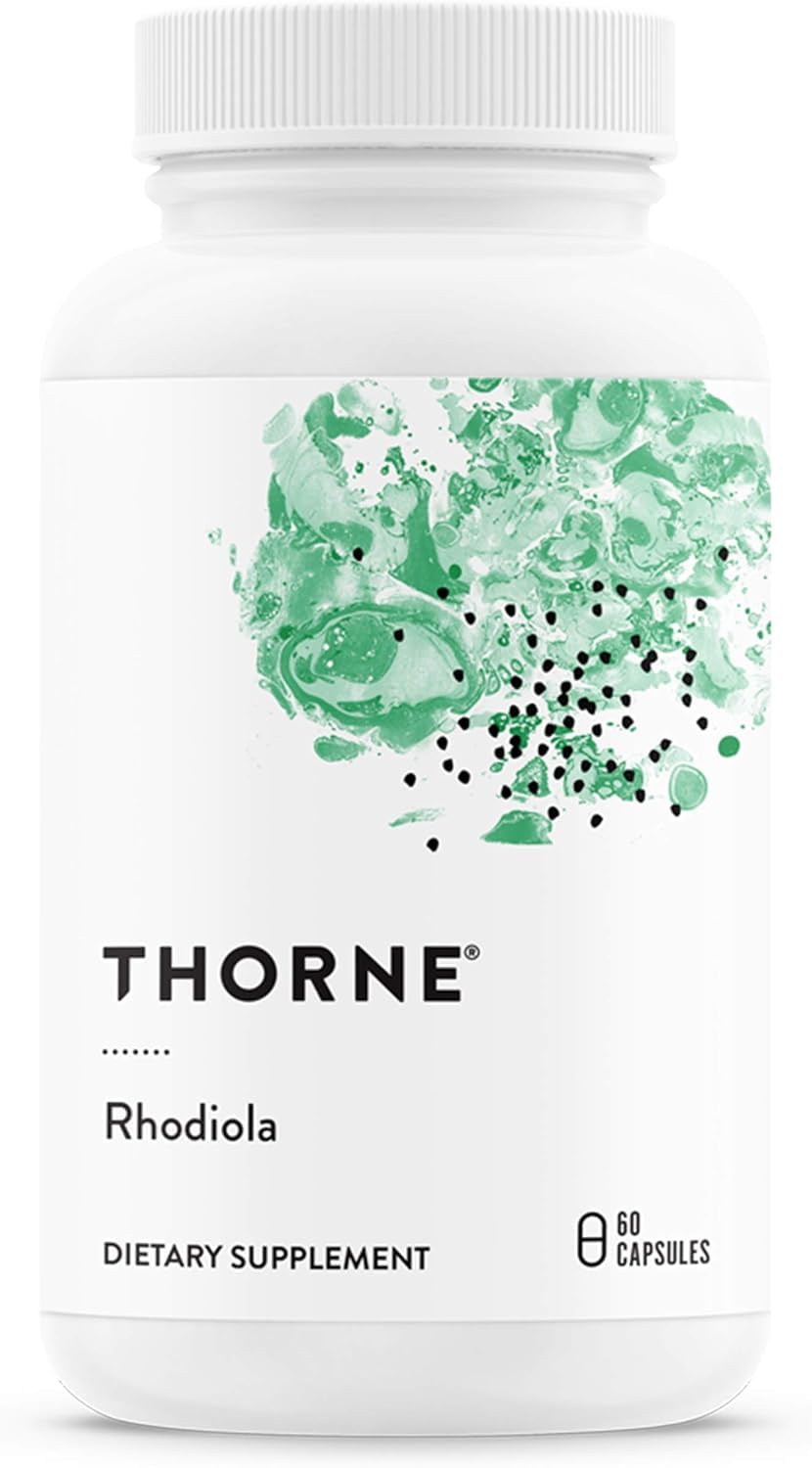 THORNE white bottle with green watercolor label and 60 capsules Rhodiola supplement for stress relief. THORNE white bottle with green watercolor label and 60 capsules Rhodiola supplement for stress relief.