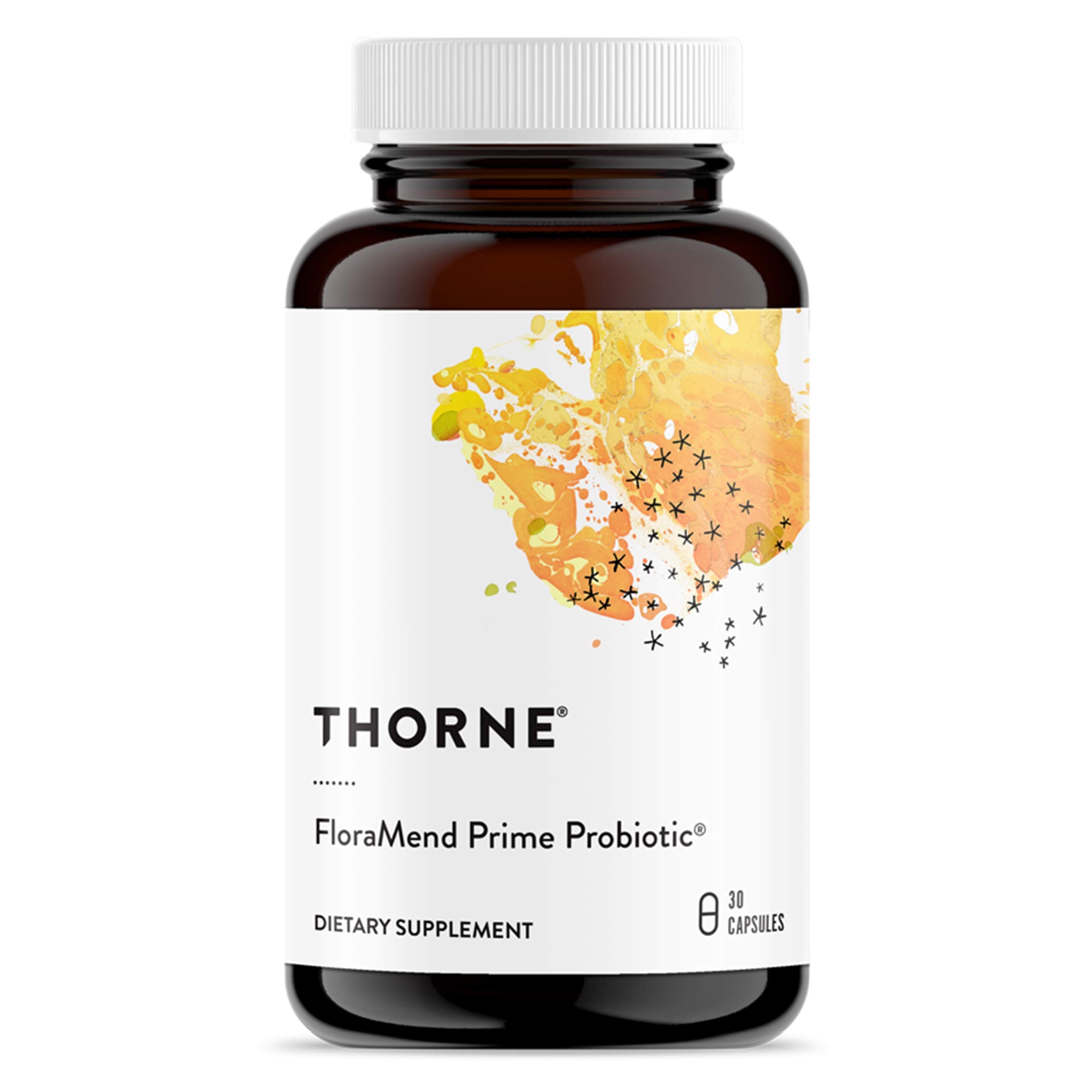 THORNE FloraMend Prime Probiotic amber bottle with white cap and yellow label stomach acid resistant probiotic capsules THORNE FloraMend Prime Probiotic amber bottle with white cap and yellow label stomach acid resistant probiotic capsules