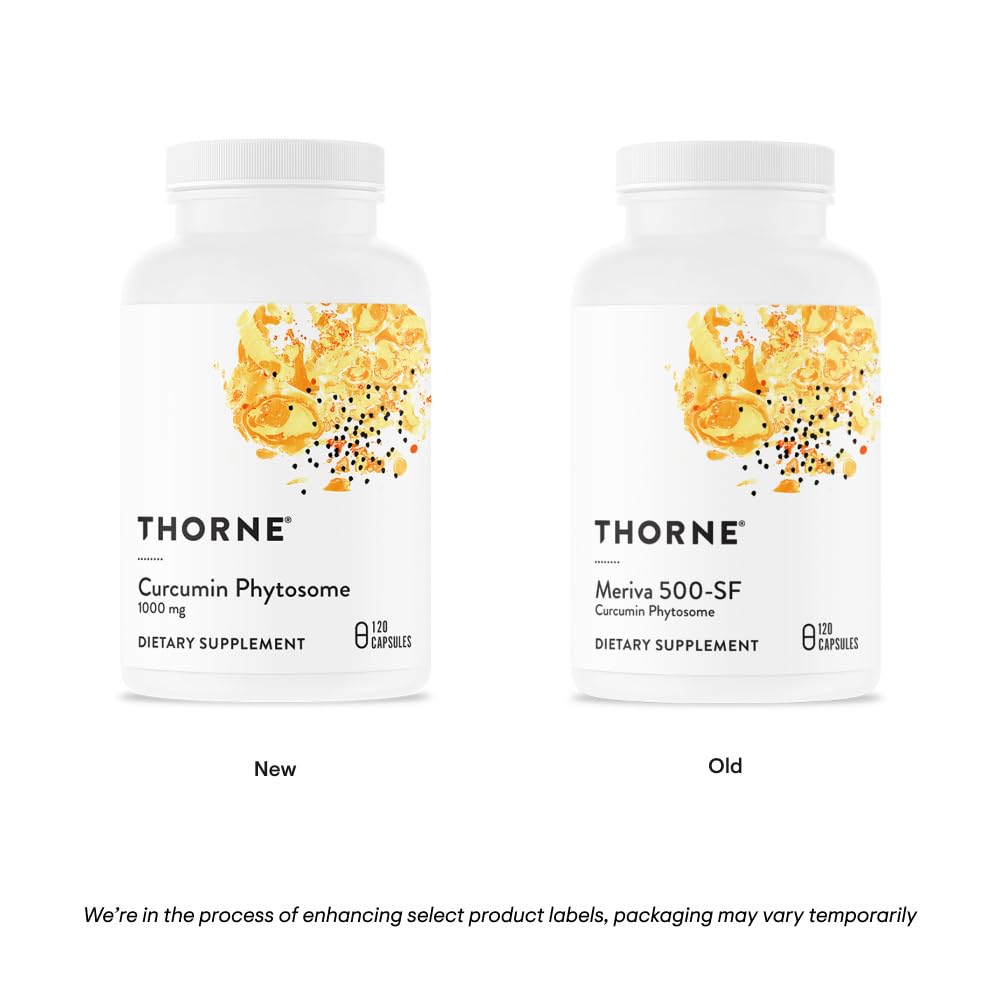 Thorne Curcumin Phytosome 1000 mg supplement. White Thorne bottles showing new and old label packaging Thorne Curcumin Phytosome 1000 mg supplement. White Thorne bottles showing new and old label packaging