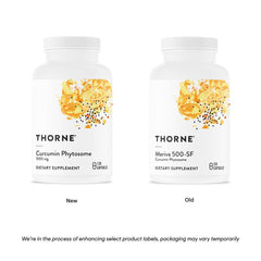 Thorne Curcumin Phytosome 1000 mg supplement. White Thorne bottles showing new and old label packaging Thorne Curcumin Phytosome 1000 mg supplement. White Thorne bottles showing new and old label packaging