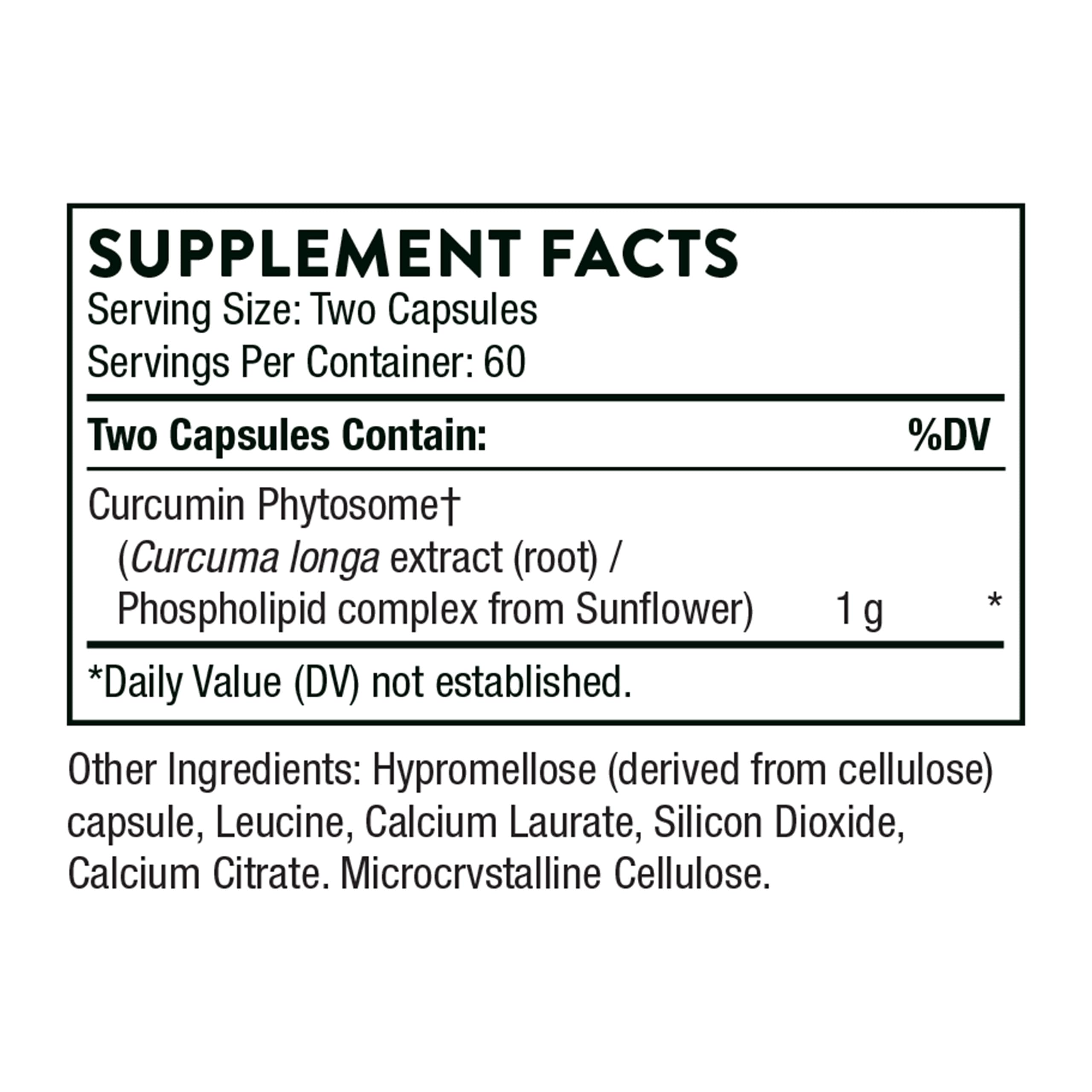 Thorne Curcumin Phytosome 1000 mg supplement. Supplement facts label showing two capsule serving and Curcumin Phytosome 1 g Thorne Curcumin Phytosome 1000 mg supplement. Supplement facts label showing two capsule serving and Curcumin Phytosome 1 g