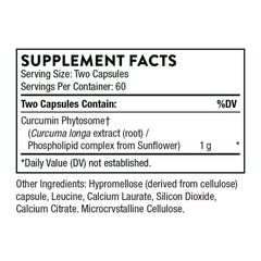 Thorne Curcumin Phytosome 1000 mg supplement. Supplement facts label showing two capsule serving and Curcumin Phytosome 1 g Thorne Curcumin Phytosome 1000 mg supplement. Supplement facts label showing two capsule serving and Curcumin Phytosome 1 g