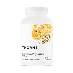 White THORNE supplement bottle with turmeric artwork and 120 capsules, Thorne Curcumin Phytosome 1000 mg supplement. White THORNE supplement bottle with turmeric artwork and 120 capsules, Thorne Curcumin Phytosome 1000 mg supplement.
