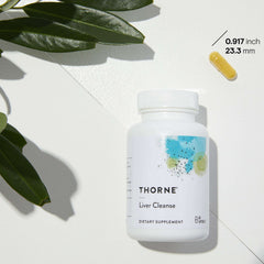 White THORNE Liver Cleanse supplement bottle with yellow capsule and green leaves Thorne liver support for detoxification White THORNE Liver Cleanse supplement bottle with yellow capsule and green leaves Thorne liver support for detoxification