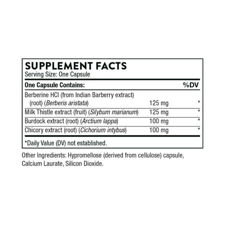Thorne liver support for detoxification supplement facts label showing one capsule and herbal ingredient amounts Thorne liver support for detoxification supplement facts label showing one capsule and herbal ingredient amounts
