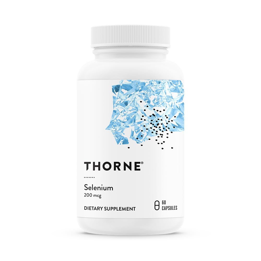 Thorne selenium capsules dietary supplement bottle 200 mcg 60 capsules white label with blue design Thorne selenium capsules dietary supplement bottle 200 mcg 60 capsules white label with blue design