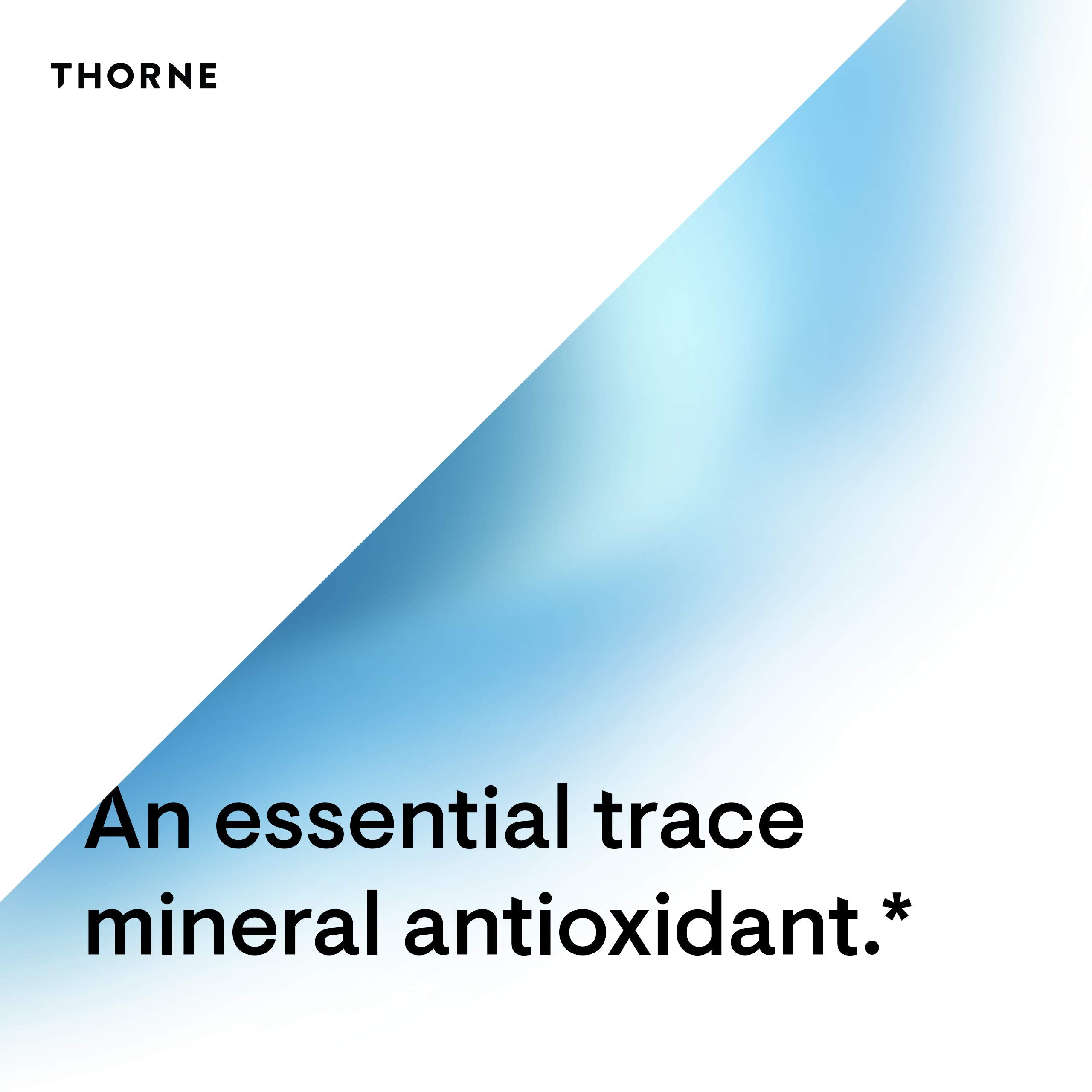 Thorne selenium capsules graphic with THORNE logo and blue gradient reading An essential trace mineral antioxidant Thorne selenium capsules graphic with THORNE logo and blue gradient reading An essential trace mineral antioxidant