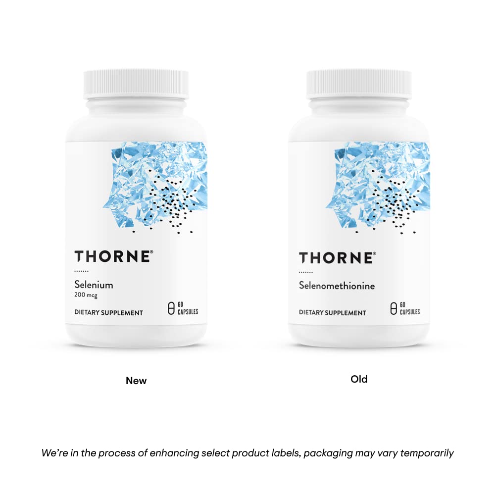 Two white THORNE supplement bottles showing new and old labels for Thorne selenium capsules dietary supplement Two white THORNE supplement bottles showing new and old labels for Thorne selenium capsules dietary supplement