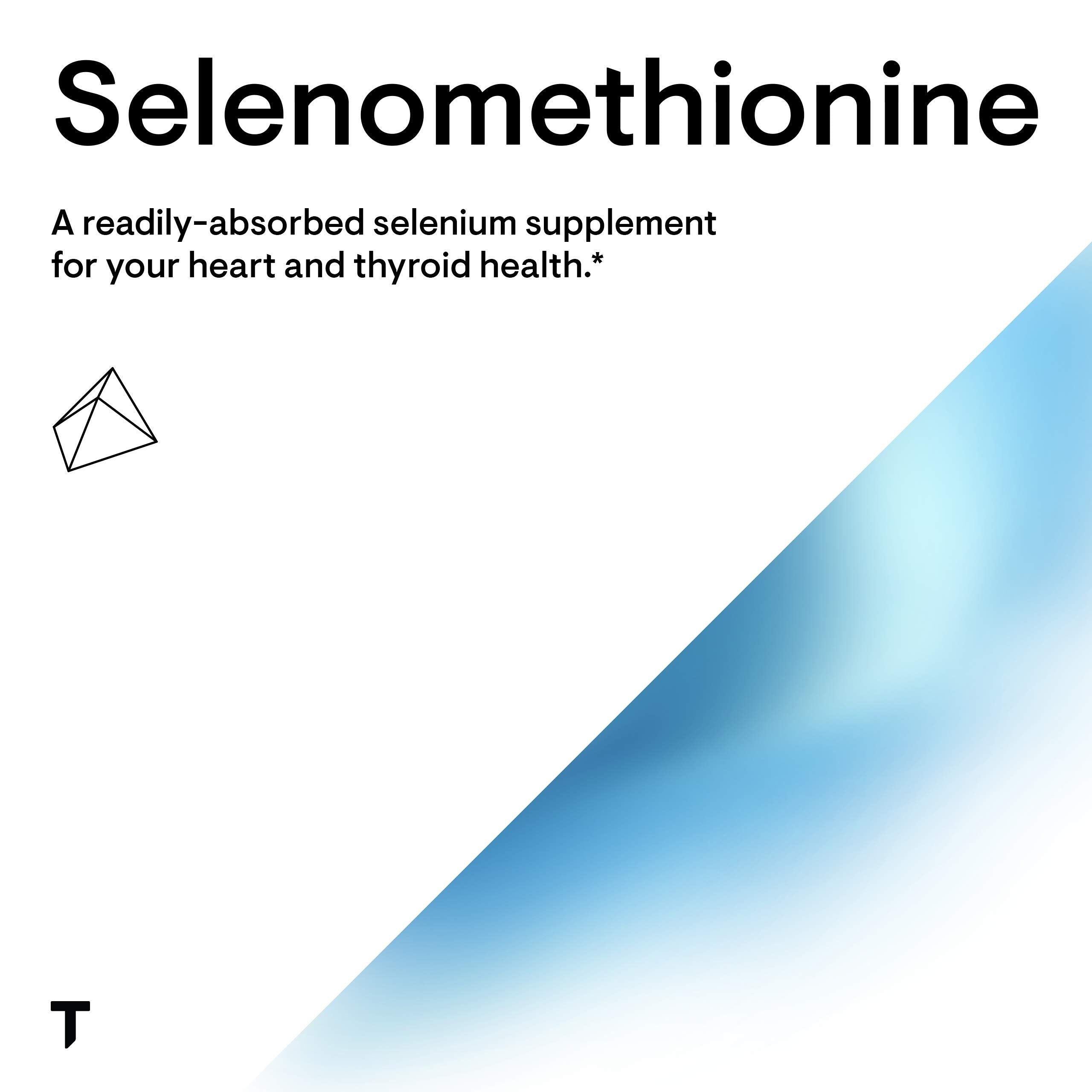 Thorne selenium capsules Selenomethionine supplement label with blue gradient and heart and thyroid health claim Thorne selenium capsules Selenomethionine supplement label with blue gradient and heart and thyroid health claim