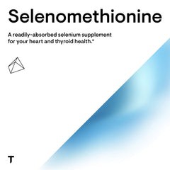 Thorne selenium capsules Selenomethionine supplement label with blue gradient and heart and thyroid health claim Thorne selenium capsules Selenomethionine supplement label with blue gradient and heart and thyroid health claim
