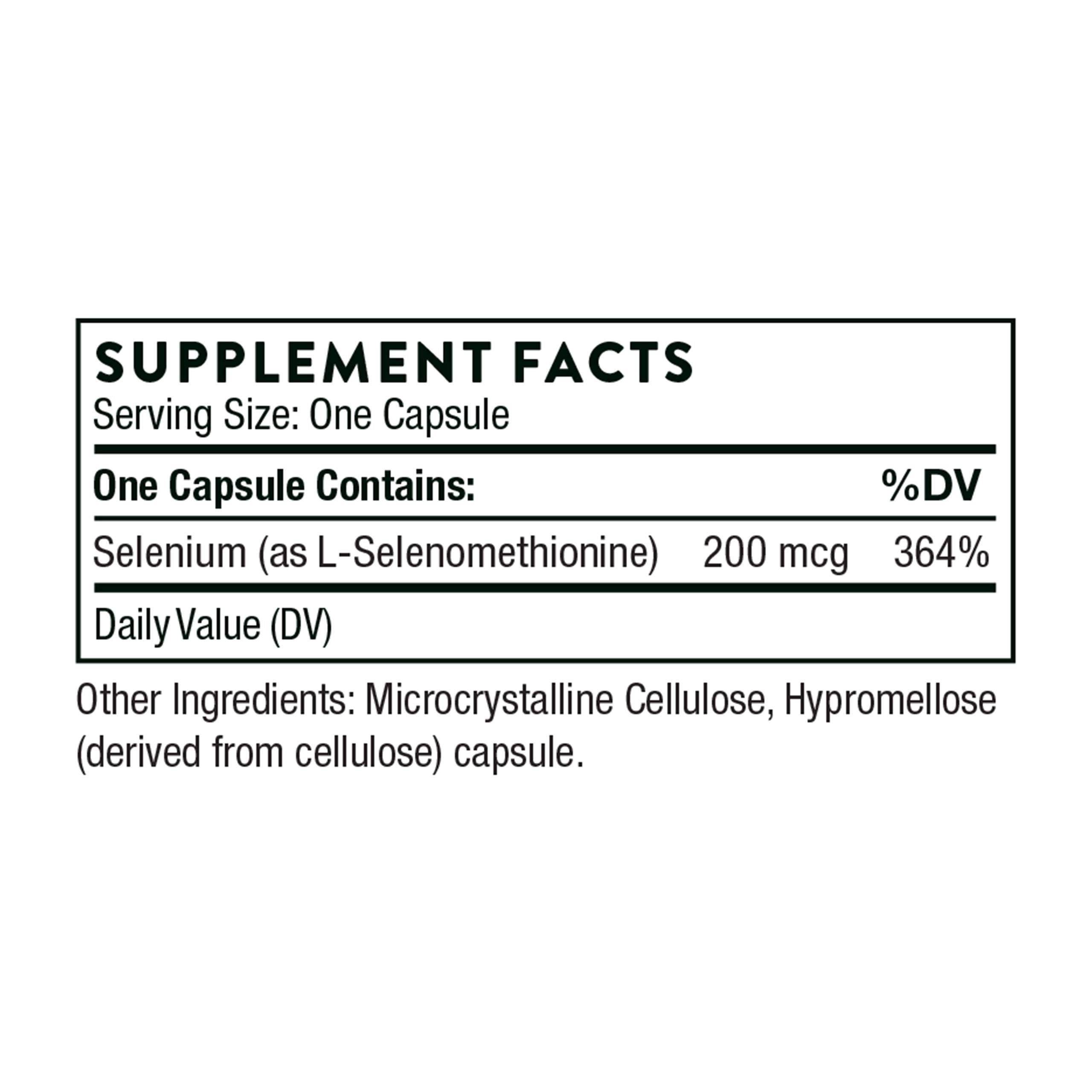 Thorne selenium capsules supplement facts label showing one capsule selenium 200 mcg 364 percent DV and microcrystalline cellulose Thorne selenium capsules supplement facts label showing one capsule selenium 200 mcg 364 percent DV and microcrystalline cellulose