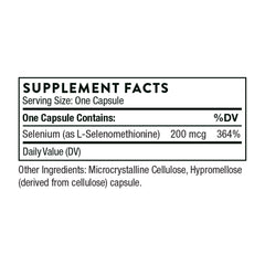 Thorne selenium capsules supplement facts label showing one capsule selenium 200 mcg 364 percent DV and microcrystalline cellulose Thorne selenium capsules supplement facts label showing one capsule selenium 200 mcg 364 percent DV and microcrystalline cellulose