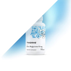 White Thorne supplement bottle labeled Zinc Bisglycinate 15 mg with blue crystal design Thorne Zinc capsules for immune support. White Thorne supplement bottle labeled Zinc Bisglycinate 15 mg with blue crystal design Thorne Zinc capsules for immune support.