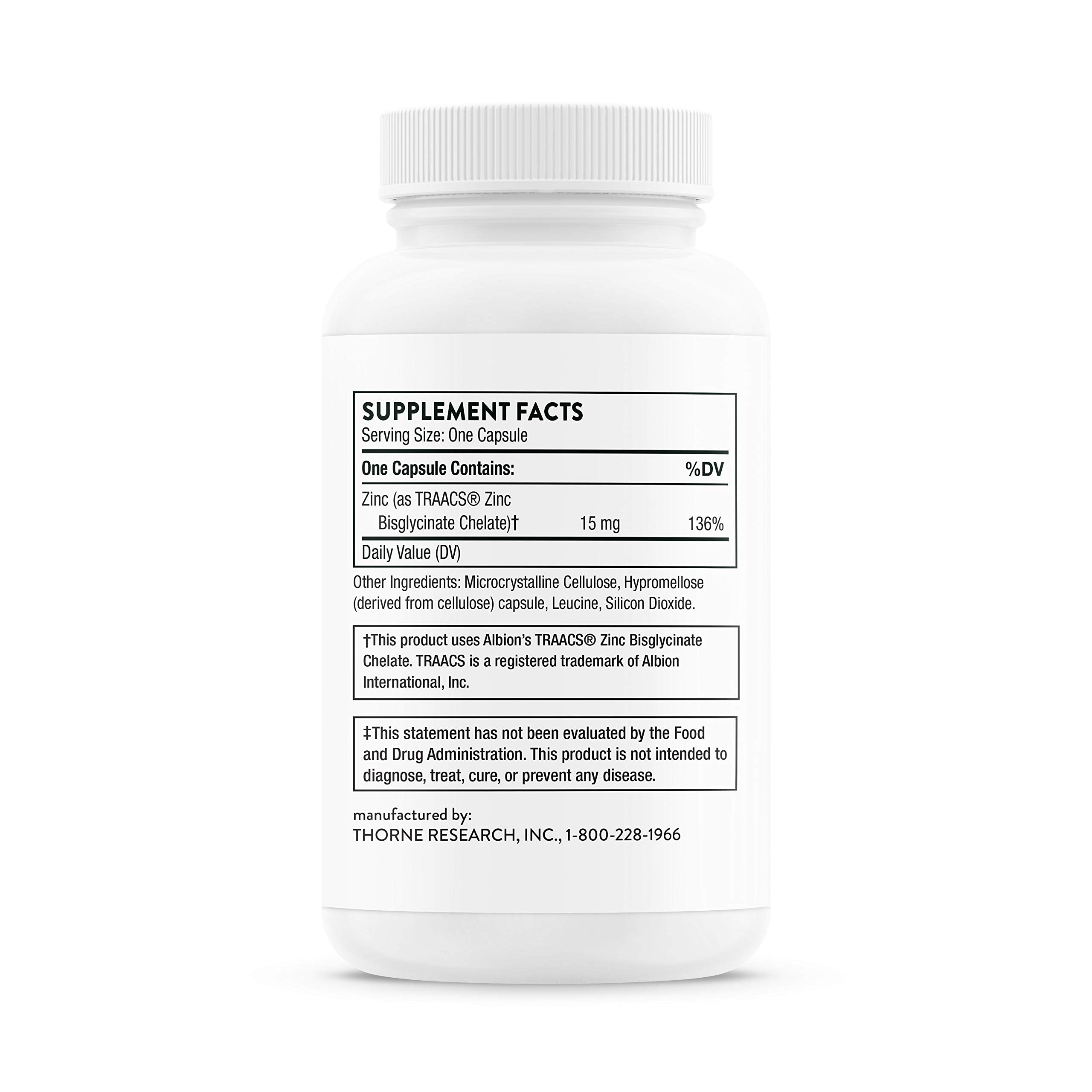 White THORNE supplement bottle showing supplement facts label and ingredients Thorne Zinc capsules for immune support. White THORNE supplement bottle showing supplement facts label and ingredients Thorne Zinc capsules for immune support.