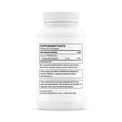 White THORNE supplement bottle showing supplement facts label and ingredients Thorne Zinc capsules for immune support. White THORNE supplement bottle showing supplement facts label and ingredients Thorne Zinc capsules for immune support.