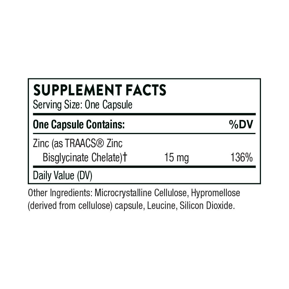 Thorne Zinc capsules for immune support. Label showing Supplement Facts with Zinc 15 mg 136 percent DV Thorne Zinc capsules for immune support. Label showing Supplement Facts with Zinc 15 mg 136 percent DV