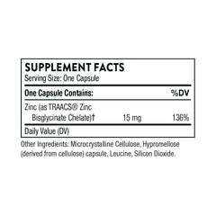 Thorne Zinc capsules for immune support. Label showing Supplement Facts with Zinc 15 mg 136 percent DV Thorne Zinc capsules for immune support. Label showing Supplement Facts with Zinc 15 mg 136 percent DV