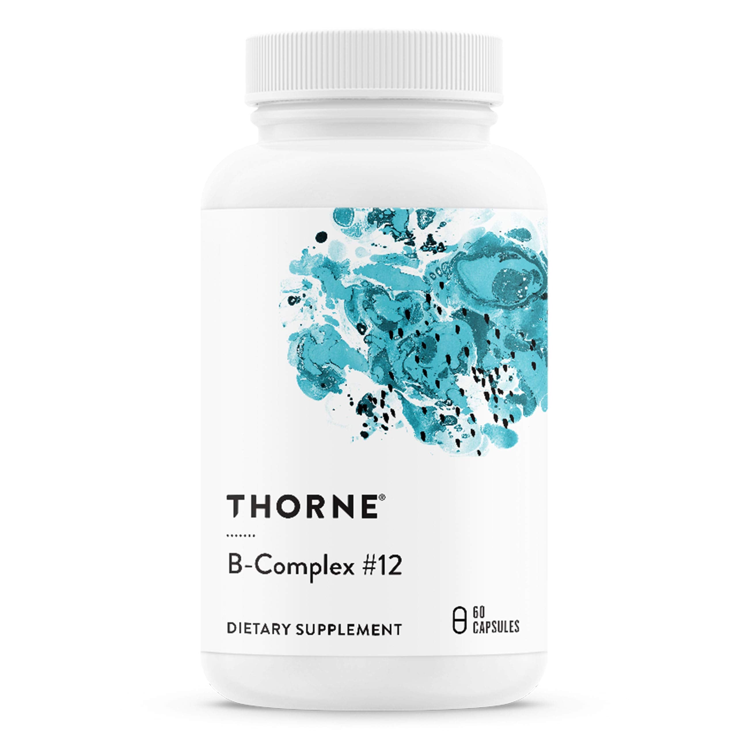 Thorne B Complex 12 white bottle with teal abstract label 60 capsules Vitamin B Complex supplement UAE Thorne B Complex 12 white bottle with teal abstract label 60 capsules Vitamin B Complex supplement UAE
