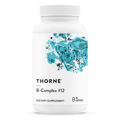 Thorne B Complex 12 white bottle with teal abstract label 60 capsules Vitamin B Complex supplement UAE Thorne B Complex 12 white bottle with teal abstract label 60 capsules Vitamin B Complex supplement UAE