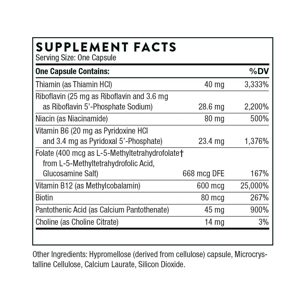THORNE supplement facts label showing B vitamin types and dosages for Vitamin B Complex supplement UAE capsule THORNE supplement facts label showing B vitamin types and dosages for Vitamin B Complex supplement UAE capsule