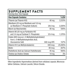 THORNE supplement facts label showing B vitamin types and dosages for Vitamin B Complex supplement UAE capsule THORNE supplement facts label showing B vitamin types and dosages for Vitamin B Complex supplement UAE capsule