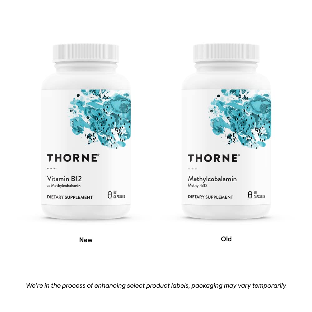 Two Thorne white supplement bottles showing new and old labels for Methylcobalamin dietary capsules Vitamin B12 supplement UAE Two Thorne white supplement bottles showing new and old labels for Methylcobalamin dietary capsules Vitamin B12 supplement UAE
