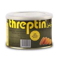 Threptin Diskettes protein supplement tin can with yellow label showing round biscuit disks 200g energy food Threptin Diskettes protein supplement tin can with yellow label showing round biscuit disks 200g energy food