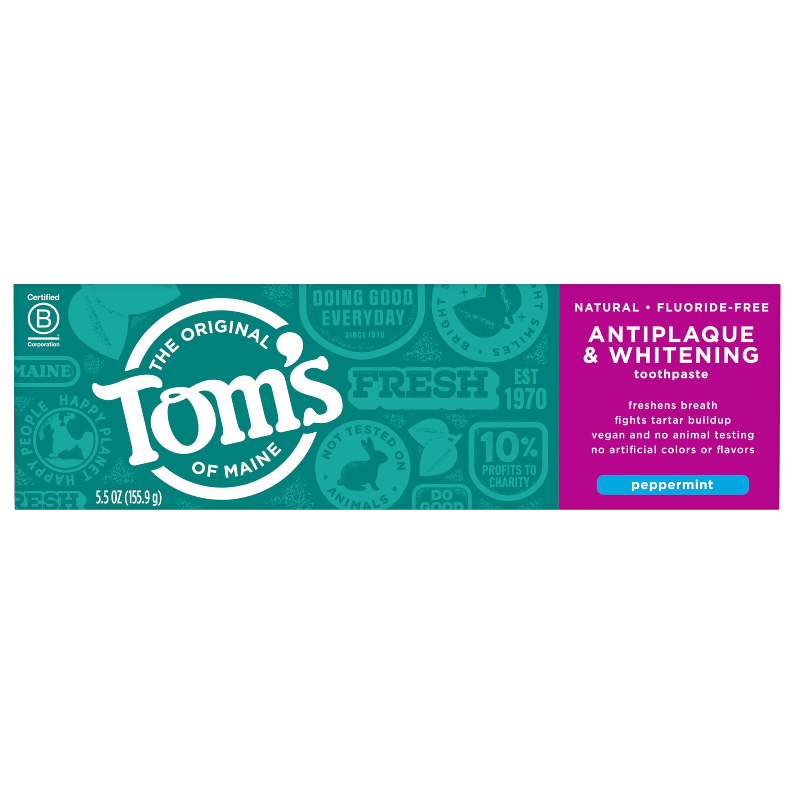 Toms of Maine Antiplaque and Whitening peppermint toothpaste box showing fluoride free natural toothpaste branding Toms of Maine Antiplaque and Whitening peppermint toothpaste box showing fluoride free natural toothpaste branding
