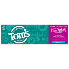 Toms of Maine Antiplaque and Whitening peppermint toothpaste box showing fluoride free natural toothpaste branding Toms of Maine Antiplaque and Whitening peppermint toothpaste box showing fluoride free natural toothpaste branding