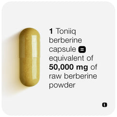 Toniiq yellow berberine capsule and text showing 1 capsule equals 50000 mg raw powder high strength berberine supplement UAE Toniiq yellow berberine capsule and text showing 1 capsule equals 50000 mg raw powder high strength berberine supplement UAE