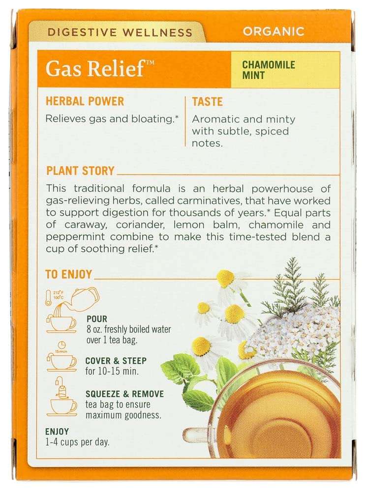 Traditional Medicinals Gas Relief Chamomile Mint box with herb illustrations and cup of tea herbal tea for bloating and gas Traditional Medicinals Gas Relief Chamomile Mint box with herb illustrations and cup of tea herbal tea for bloating and gas