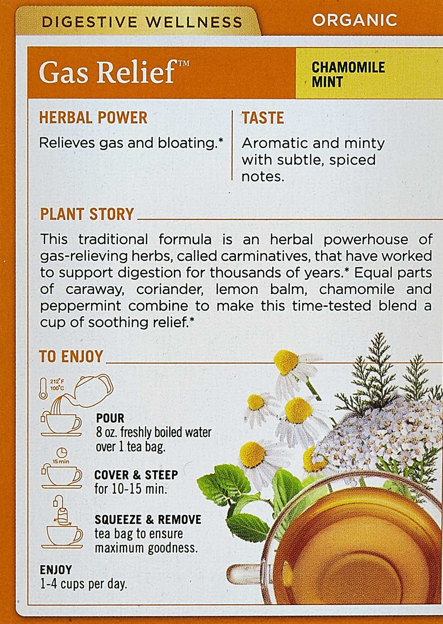 Traditional Medicinals Gas Relief chamomile mint box back showing herbal tea for bloating and gas cup and herb illustrations Traditional Medicinals Gas Relief chamomile mint box back showing herbal tea for bloating and gas cup and herb illustrations