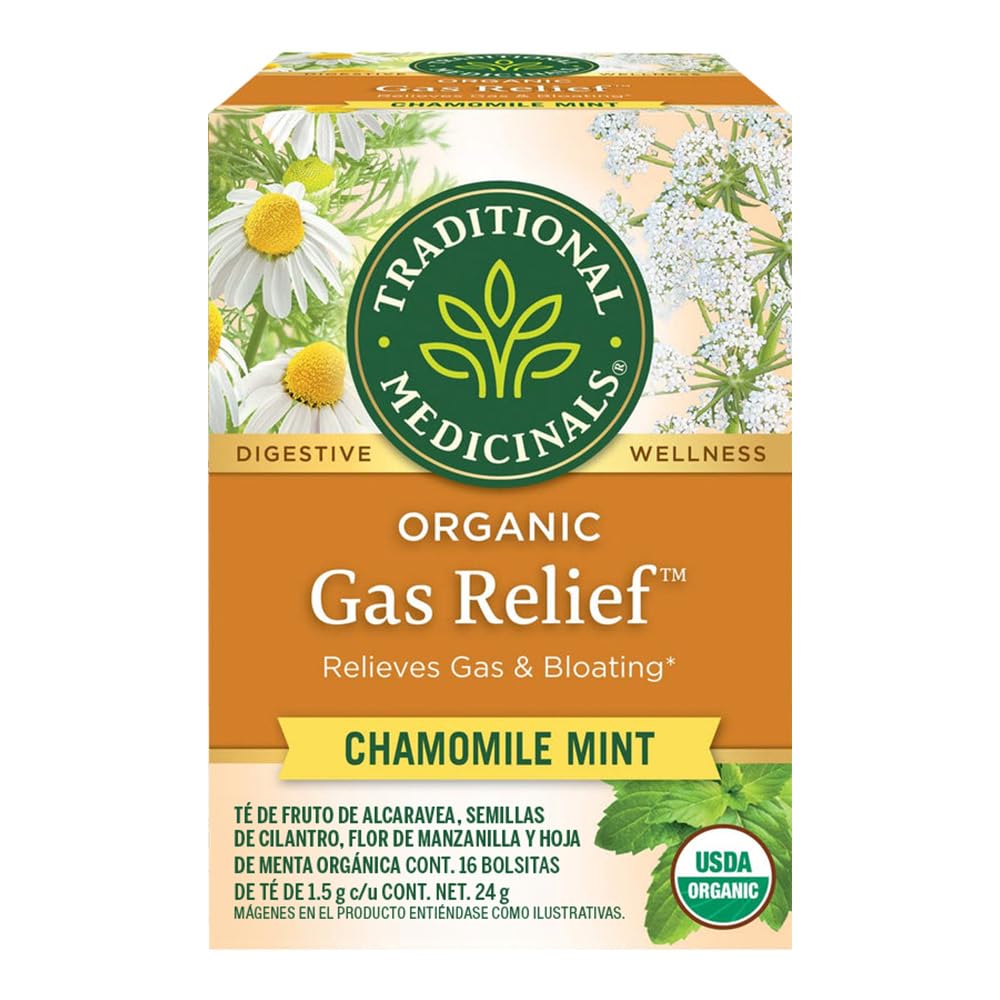 Traditional Medicinals Organic Gas Relief Chamomile Mint tea box herbal tea bloating and gas Traditional Medicinals Organic Gas Relief Chamomile Mint tea box herbal tea bloating and gas