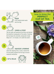 Brewing instructions for organic raspberry leaf tea with a cup and tea bag on a wooden surface Brewing instructions for organic raspberry leaf tea with a cup and tea bag on a wooden surface