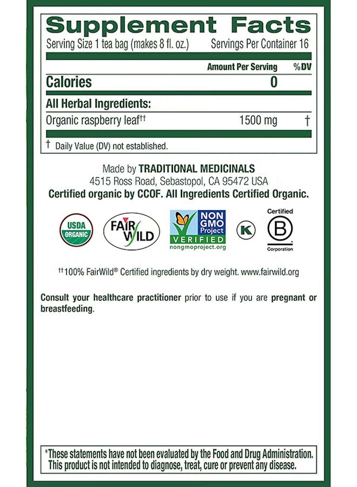 Traditional Medicinals organic raspberry leaf tea supplement facts with herbal ingredients information Traditional Medicinals organic raspberry leaf tea supplement facts with herbal ingredients information