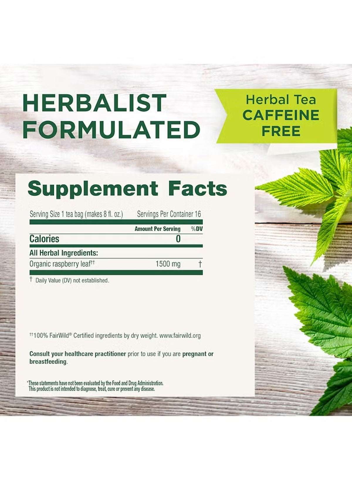 Supplement facts for Traditional Medicinals organic raspberry leaf tea with herbal ingredients and caffeine-free label Supplement facts for Traditional Medicinals organic raspberry leaf tea with herbal ingredients and caffeine-free label
