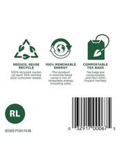 Traditional Medicinals compostable organic raspberry leaf tea packaging with recycling symbols and energy info Traditional Medicinals compostable organic raspberry leaf tea packaging with recycling symbols and energy info