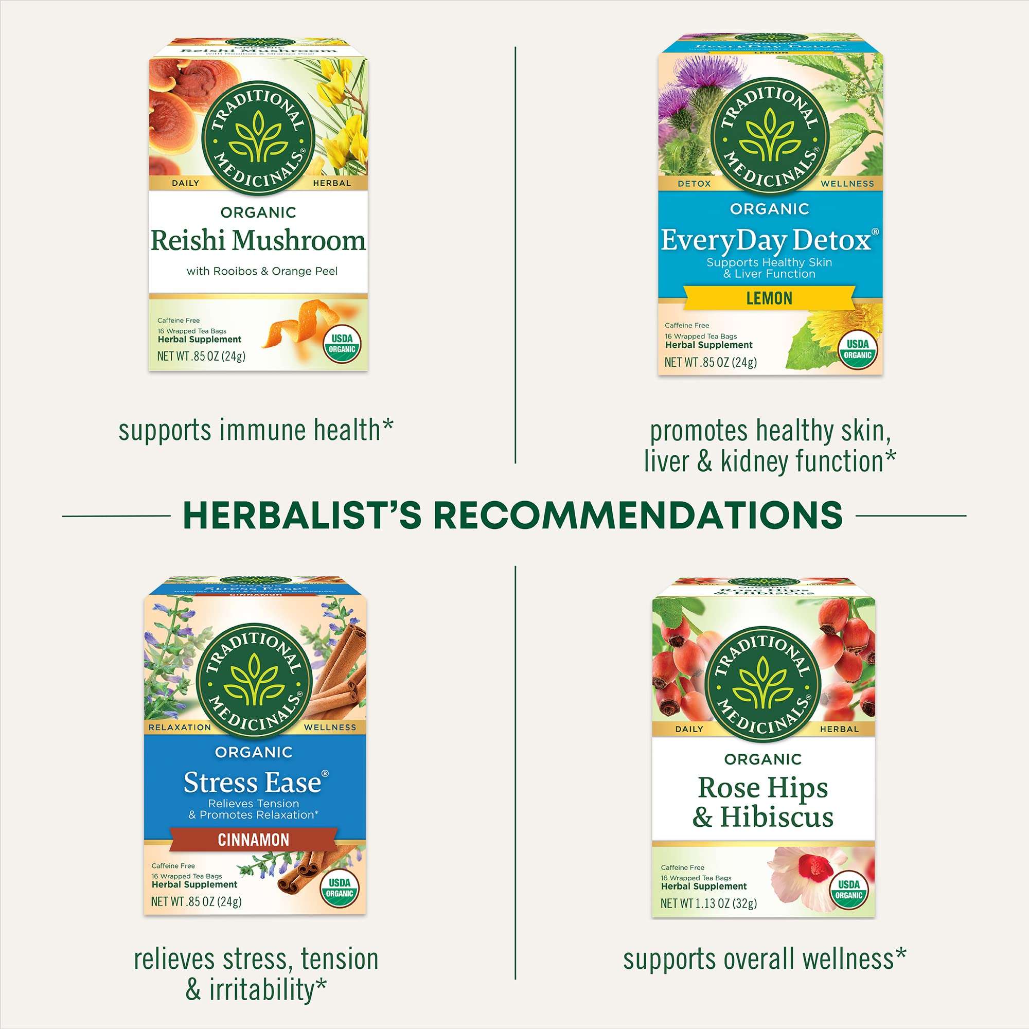 Traditional Medicinals nettle tea UAE product display of four tea boxes Reishi Mushroom Everyday Detox Stress Ease and Rose Hips Traditional Medicinals nettle tea UAE product display of four tea boxes Reishi Mushroom Everyday Detox Stress Ease and Rose Hips