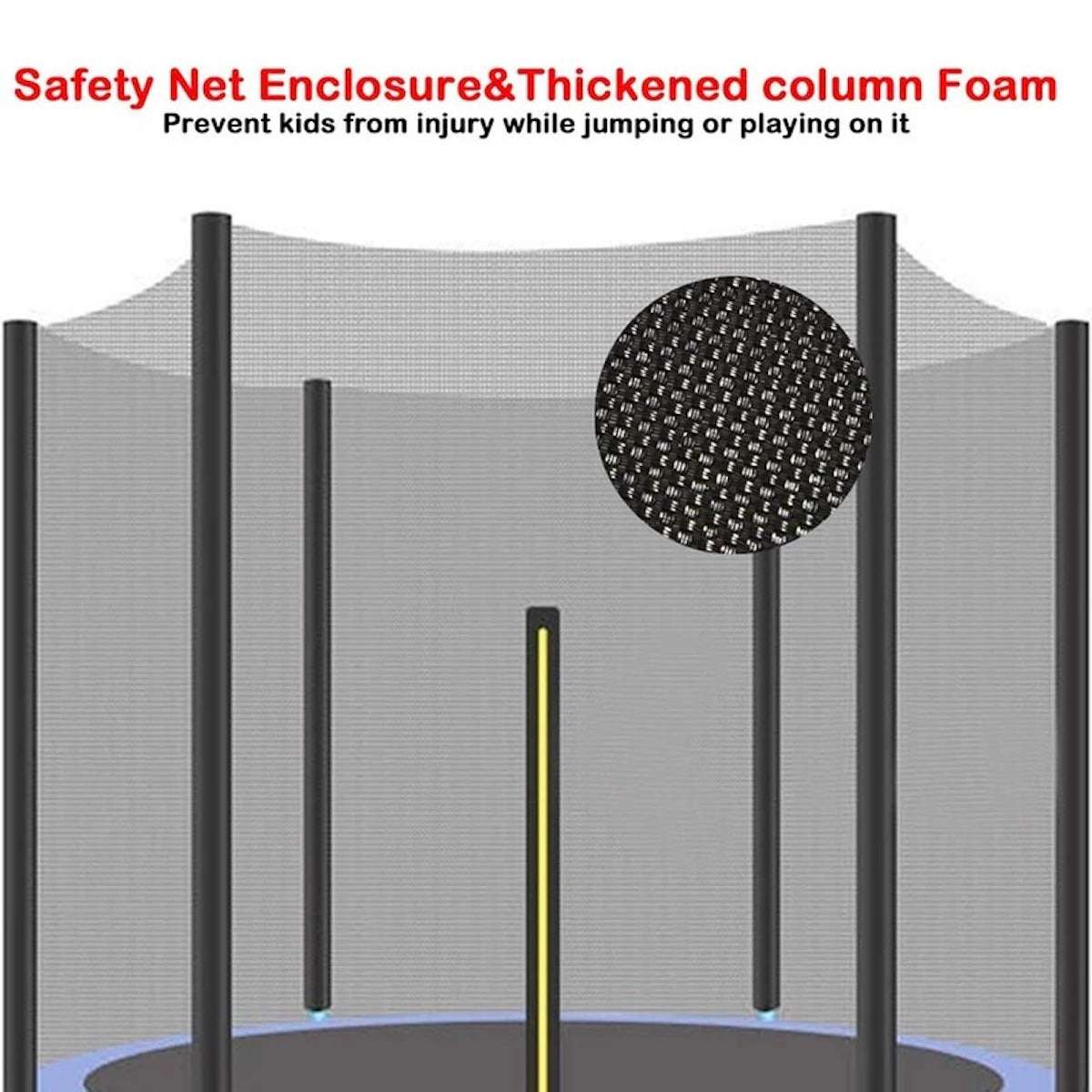 Huitich trampoline with safety net featuring thickened columns and foam for enhanced protection while jumping Huitich trampoline with safety net featuring thickened columns and foam for enhanced protection while jumping